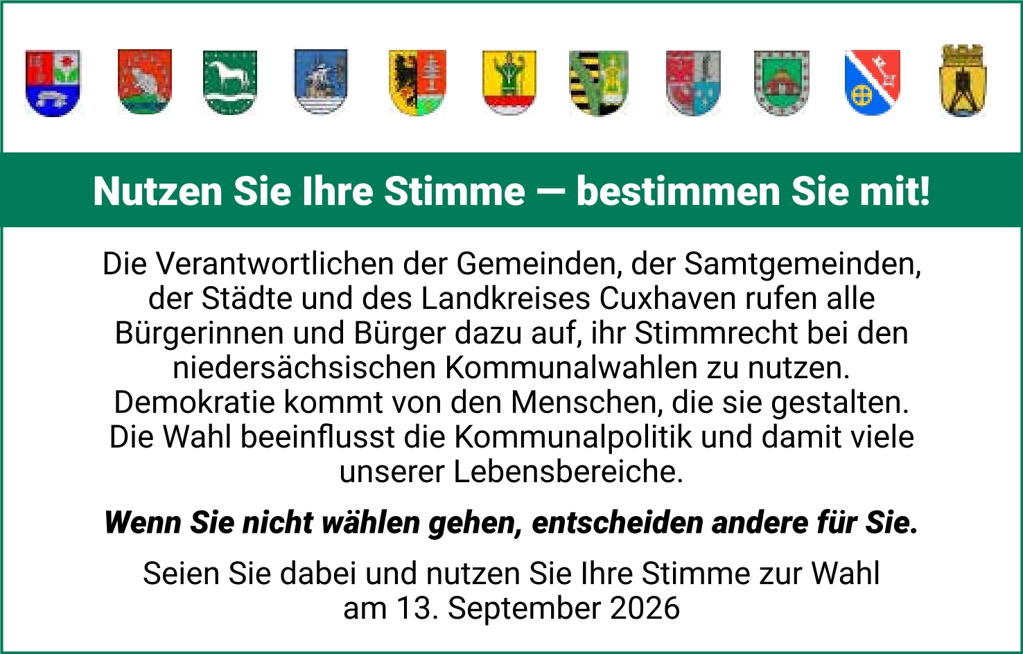 Aufruf der Kommunen im Landkreis Cuxhaven zur Kommunalwahl 2026