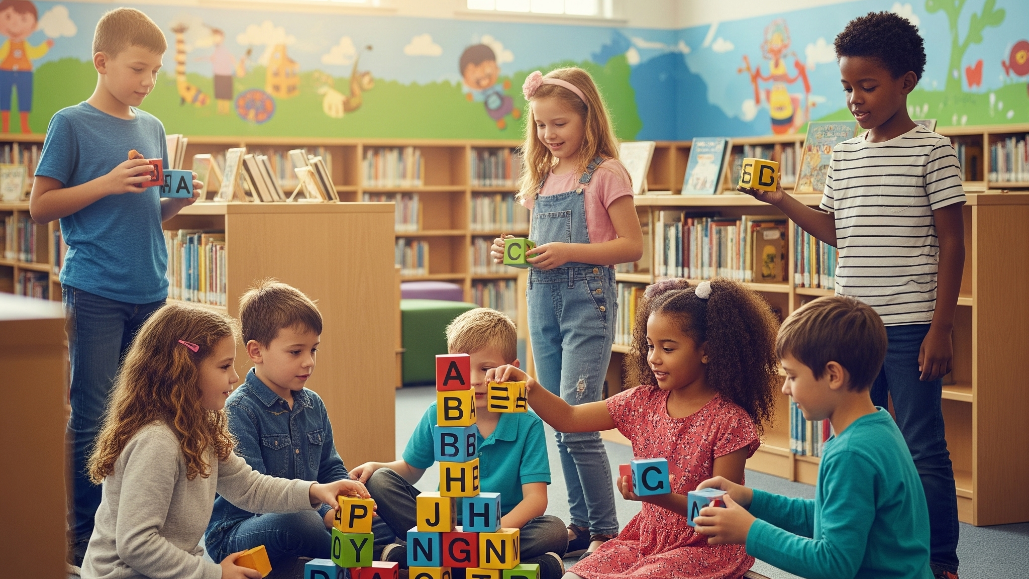 Foto mit Kindern die Buchstaben entdecken